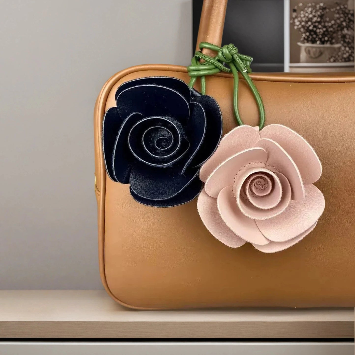 Elegant 3D PU Leather Camellia Flower Bag Charm, Handmade Floral Pendant with Olive Green Leather Strap, Stylish Purse Accessory
