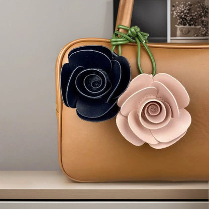 Elegant 3D PU Leather Camellia Flower Bag Charm, Handmade Floral Pendant with Olive Green Leather Strap, Stylish Purse Accessory
