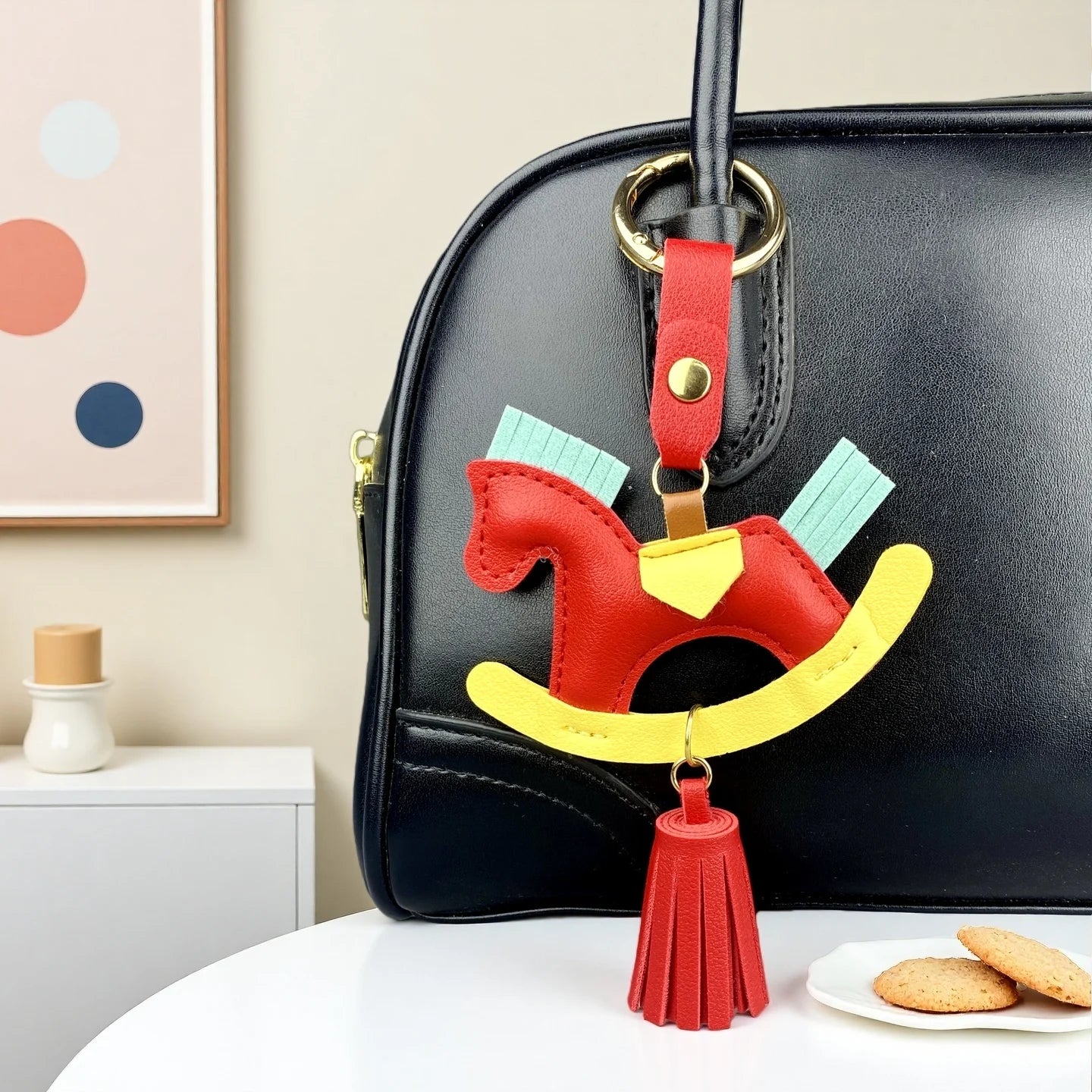 Vibrant PU Leather Rocking Horse Keychain/Bag Charm - Colorful Two-Tone Design with PU Leather Tassel, Cute Bag Charm & Gift