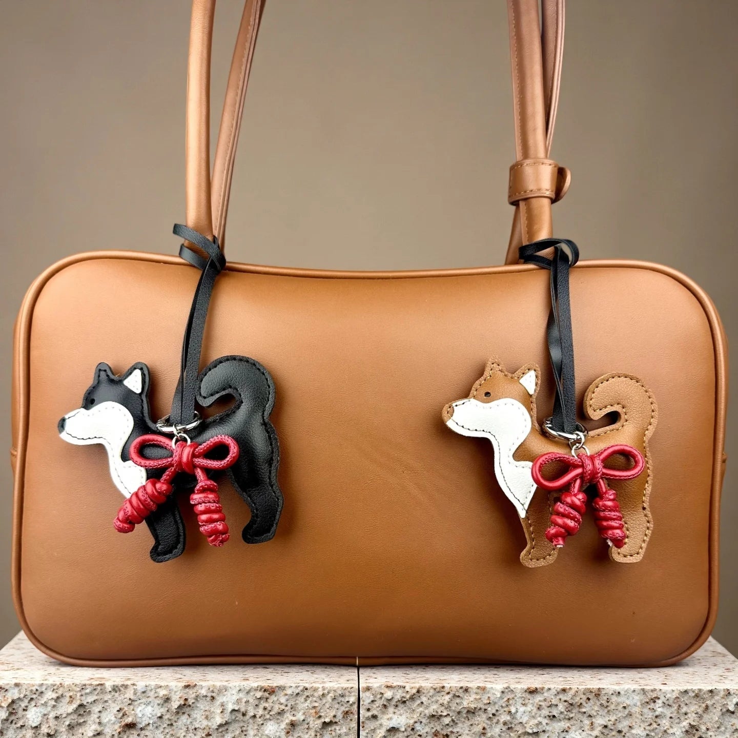 Adorable PU Leather Shiba Inu Dog Bag Charm– Puppy Pendant with Hand-Braided Leather Bow-Purse Decor Gift Friends & Family-Y2K