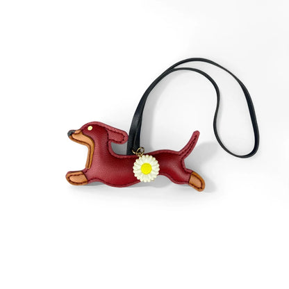 PU Leather Running Dachshund Keychain, Puppy Bag Charm With Daisy Flower-Accessories For Purse & Backpack, Gift for Dog Lovers