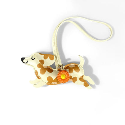 PU Leather Running Dachshund Keychain, Puppy Bag Charm With Daisy Flower-Accessories For Purse & Backpack, Gift for Dog Lovers