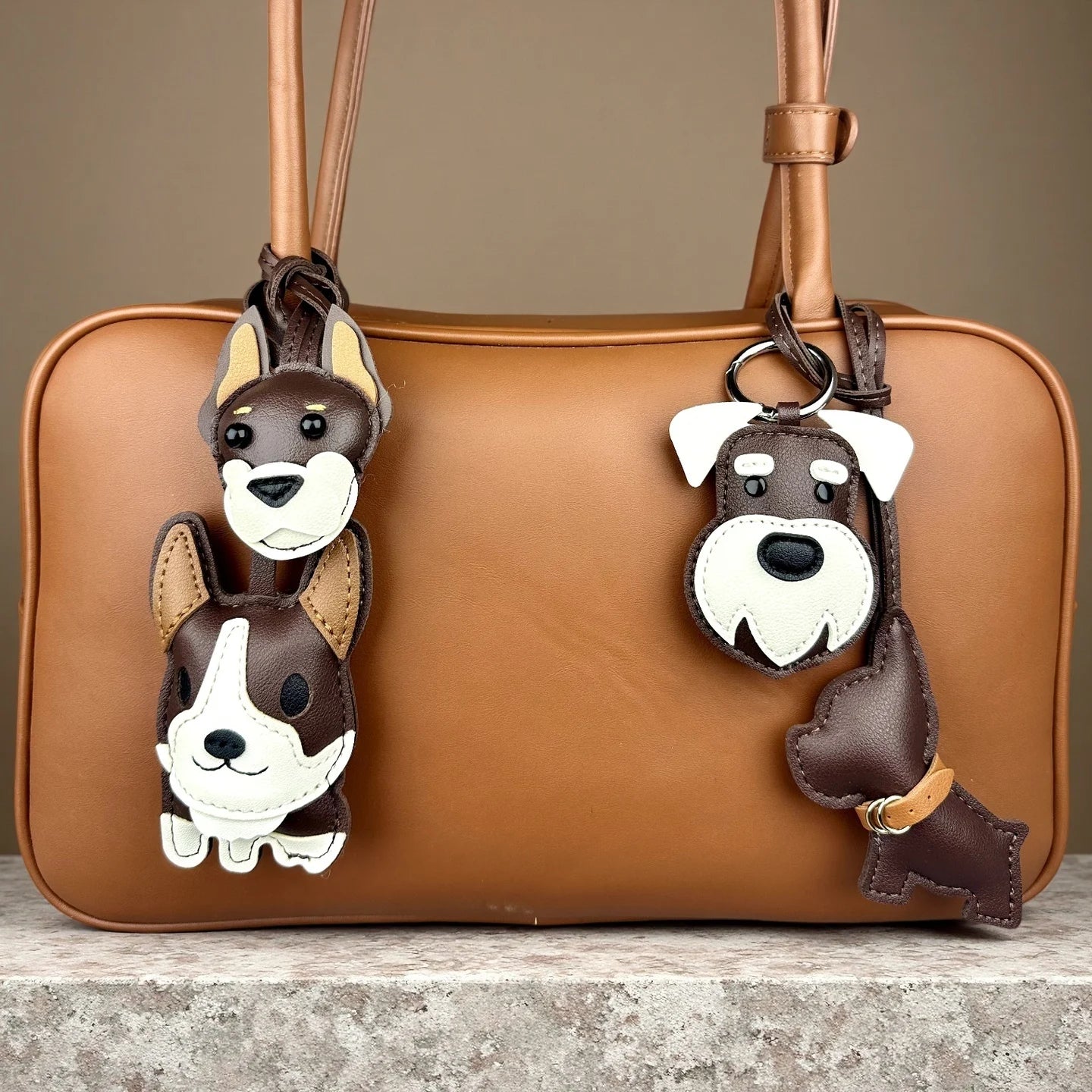 Chocolate Brown PU Leather Dog Bag Charms-Schnauzer French Bulldog Doberman Corgi Pendant for Bags, Perfect Gift for Dog Owners
