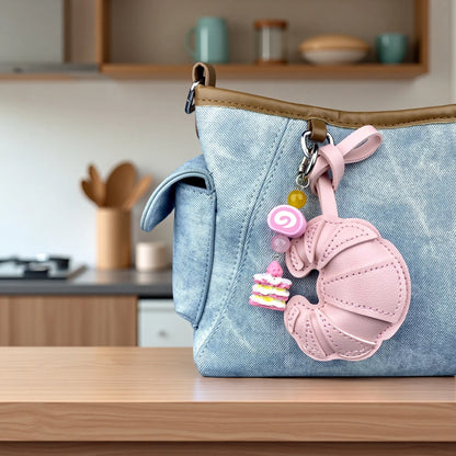 Pink Sweet Dessert Bag Charms-PU Leather Crossiant Donut Ice Cream Bag Car Keychain Home Decor, Sweet Gift for Girls-Y2K