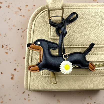 PU Leather Running Dachshund Keychain, Puppy Bag Charm With Daisy Flower-Accessories For Purse & Backpack, Gift for Dog Lovers