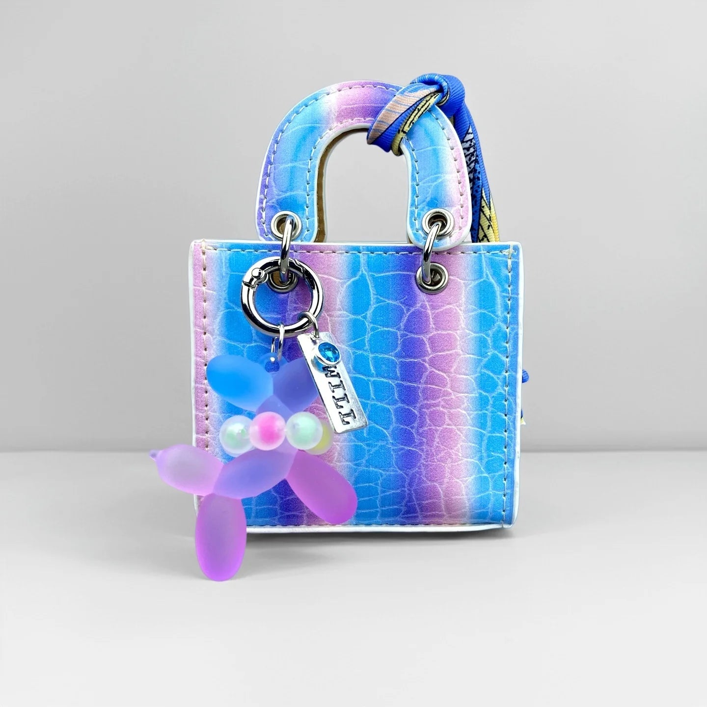 Mini PU Leather Bag Purse Charm, Rainbow Color Mini Bag With Gradient Balloon Dog Keychain Set for Earbuds/Charger Cable/Gift