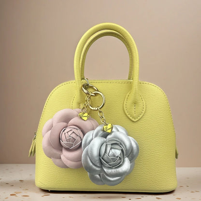Elegant PU Leather Camellia Keychain, Timeless Neutral Tone Bag Clip Charm, 3D Floral Pendant for Handbag, Gift For Women
