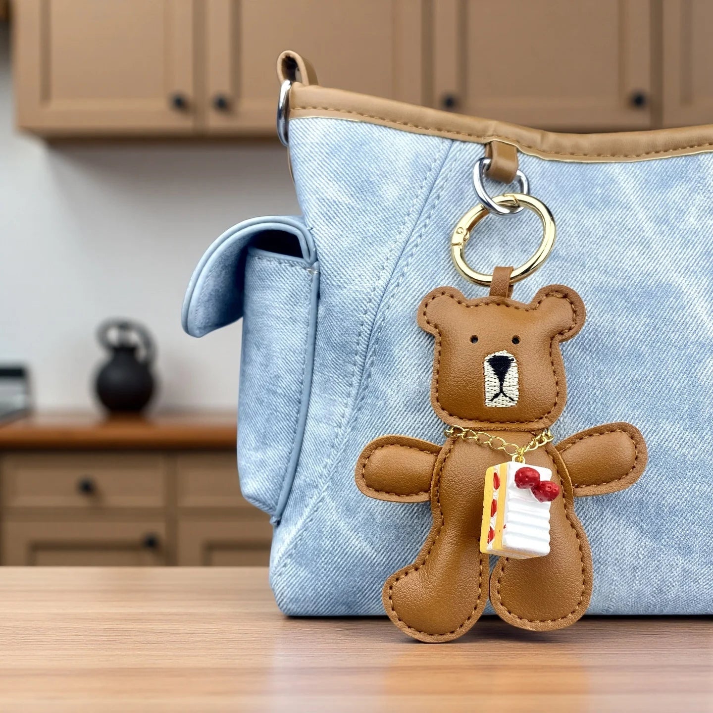 Adorable Lazy PU Leather Bear Keychain with Strawberry Cake Pendant. Cute and Funny Purse Charm- Perfect Relaxing Accessory