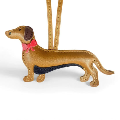 Red Bow-Adorned Dachshund Leather Bag Charm: PU Leather, Slim Shape, Red Bow, Premium Soft Fill