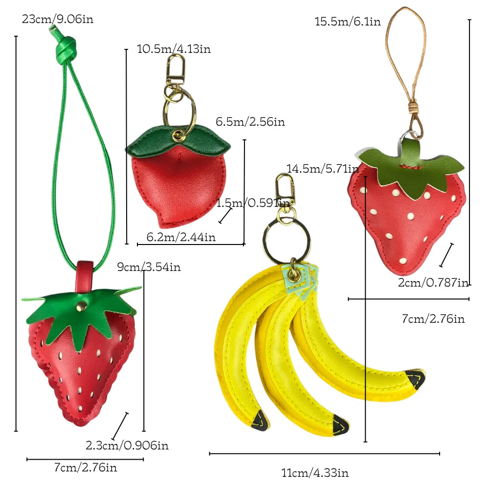 Cute Leather Fruit Charms with Key Rings & Leather Cords for Bag Decoration-PU Leather-Ideal Gift For Women/Kids/Bag Accessory
