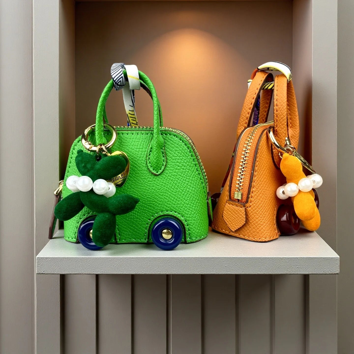 Cute PU Leather Mini Wheel Bag Charm with Flocked Balloon Dog Charm-Small Cute Coin Purse Pouch for Earbuds, Cables & Cash/Gift