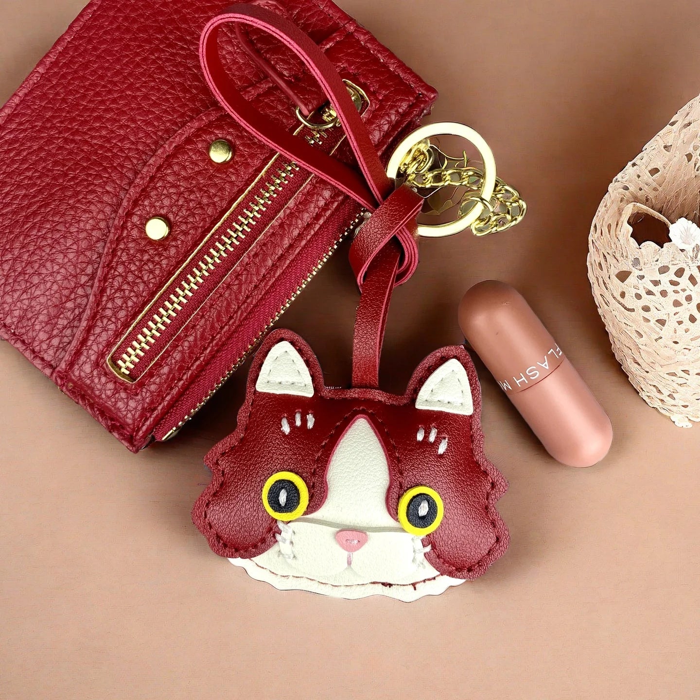 Plump & Handmade PU Leather Kitten Keychain/Bag Charm - 3D Detailed Face, Cute Charm for Daily Joy!-Perfect Gift/Bag Accessory