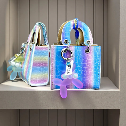 Mini PU Leather Bag Purse Charm, Rainbow Color Mini Bag With Gradient Balloon Dog Keychain Set for Earbuds/Charger Cable/Gift