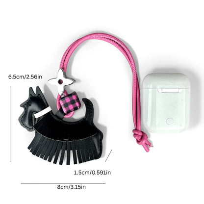 Trendy PU Leather Schnauzer Bag Charm with Tassel Fringe & Plaid Beads –Unique Car/Bag Accessory/Cute Ornament for Dog Lovers