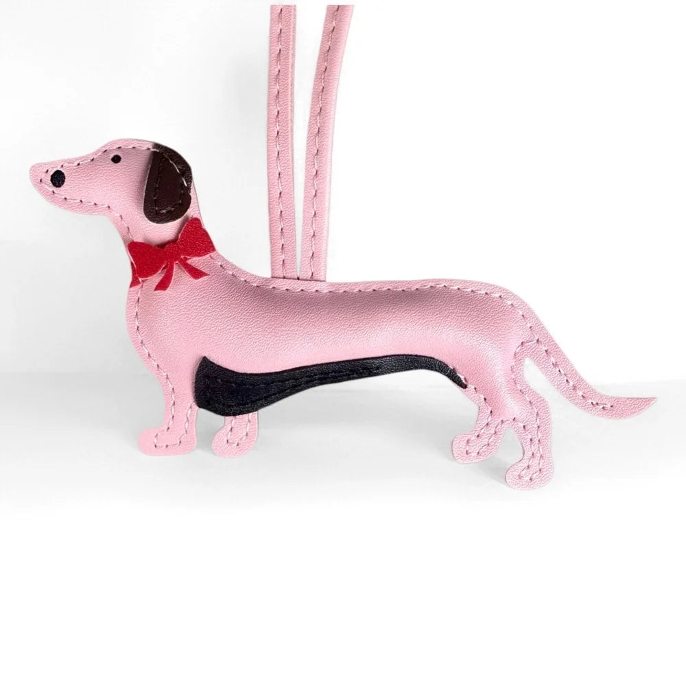Red Bow-Adorned Dachshund Leather Bag Charm: PU Leather, Slim Shape, Red Bow, Premium Soft Fill