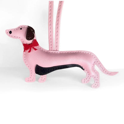 Red Bow-Adorned Dachshund Leather Bag Charm: PU Leather, Slim Shape, Red Bow, Premium Soft Fill