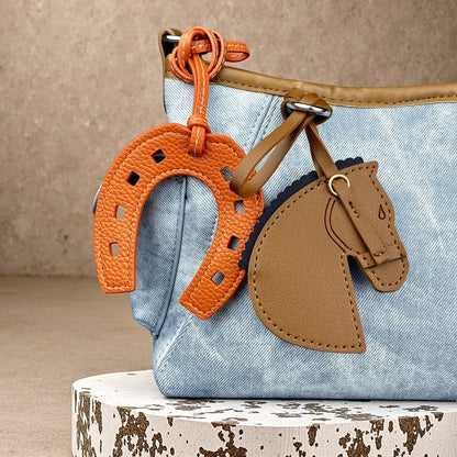 Handmade PU Leather Horse Head & Horseshoe Bag Charm/Keychain-Unique Equestrian Gift for Purse Backpack-Fashion Bag Accessory