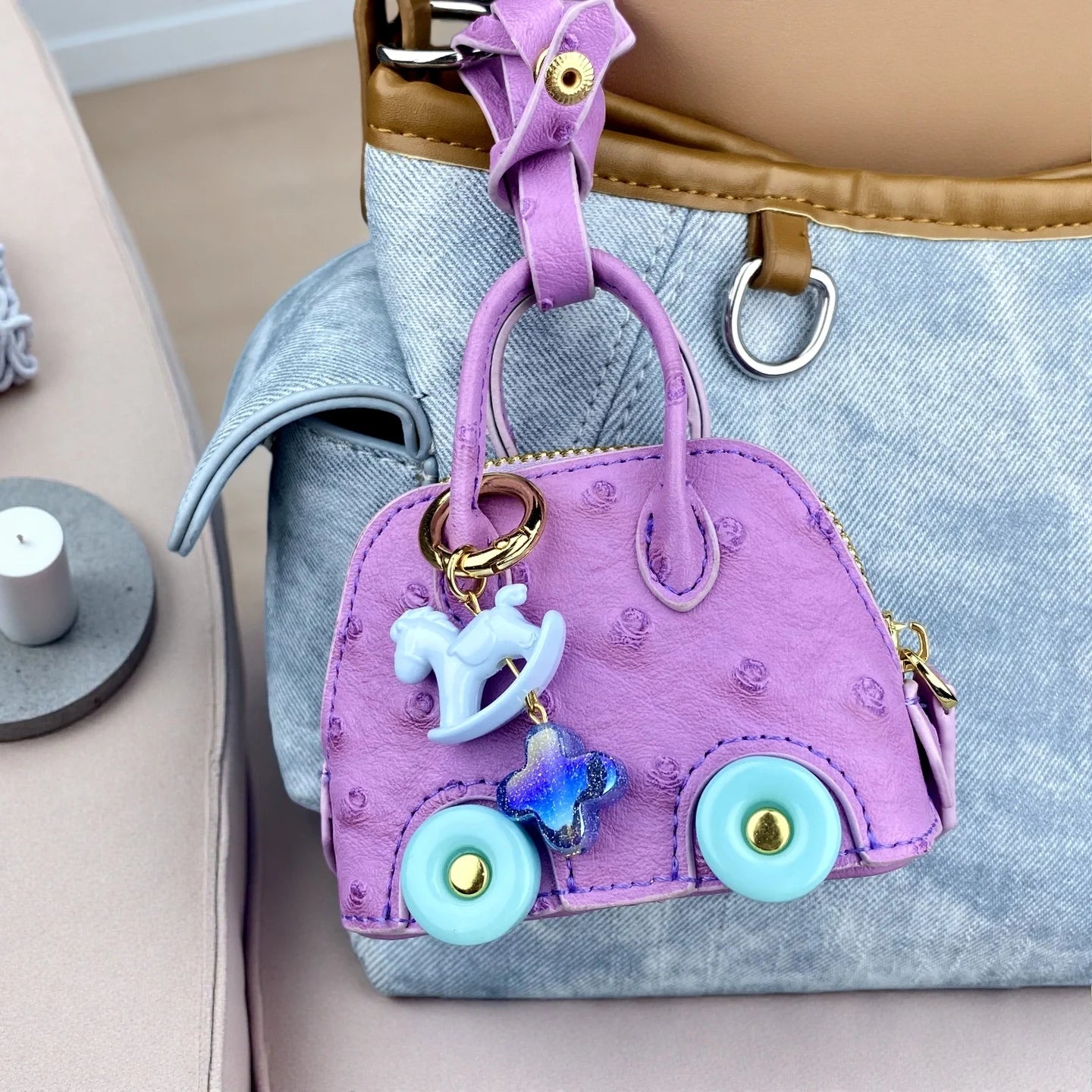 Mini Handbag Purse with Wheels&Rocking Horse-Cute Ostrich Pattern PU Leather Case for AirPods, Coin, Cable, Keychain Bag Charm
