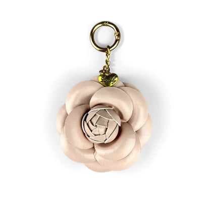 Elegant PU Leather Camellia Keychain, Timeless Neutral Tone Bag Clip Charm, 3D Floral Pendant for Handbag, Gift For Women