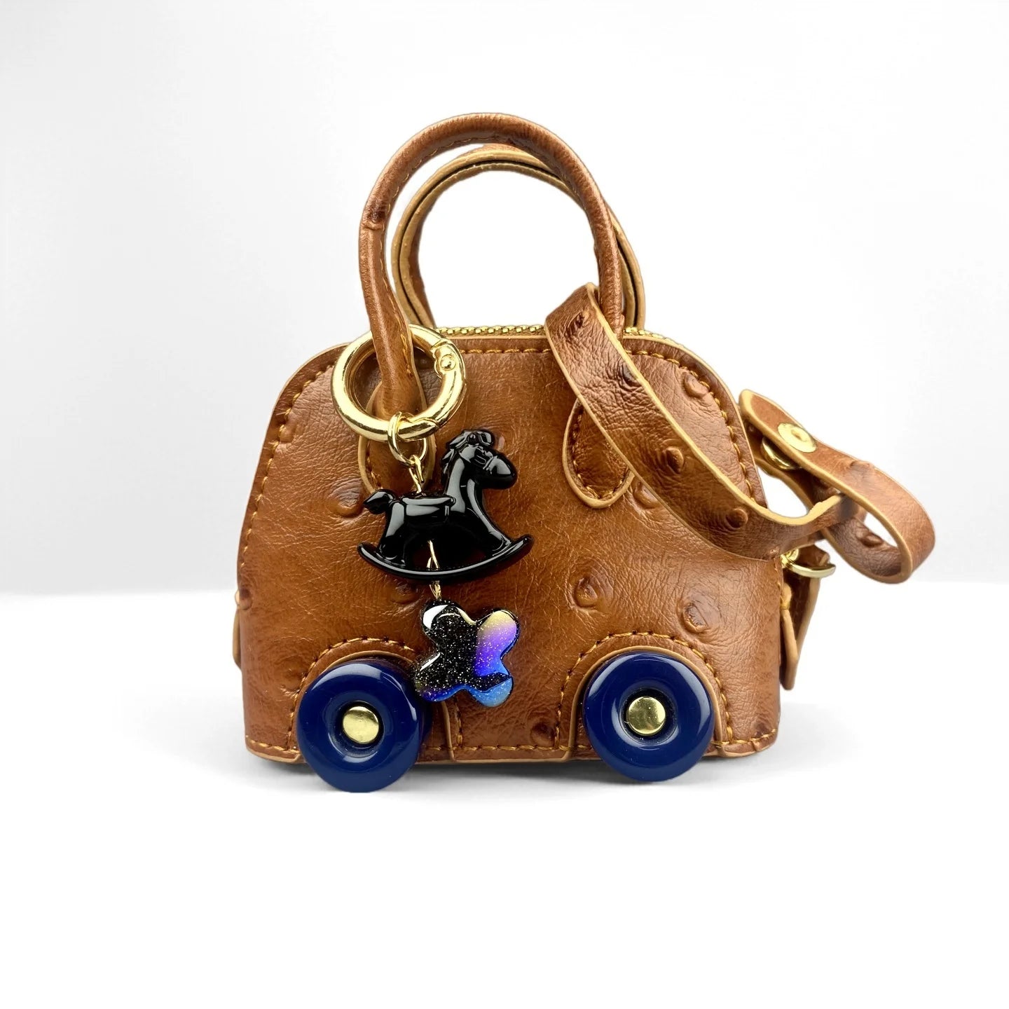 Mini Handbag Purse with Wheels&Rocking Horse-Cute Ostrich Pattern PU Leather Case for AirPods, Coin, Cable, Keychain Bag Charm