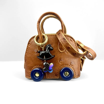 Mini Handbag Purse with Wheels&Rocking Horse-Cute Ostrich Pattern PU Leather Case for AirPods, Coin, Cable, Keychain Bag Charm