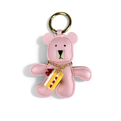 Adorable Lazy PU Leather Bear Keychain with Strawberry Cake Pendant. Cute and Funny Purse Charm- Perfect Relaxing Accessory