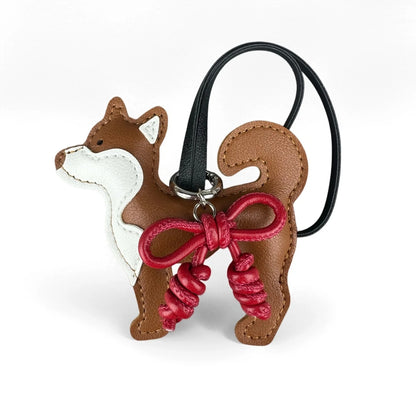 Adorable PU Leather Shiba Inu Dog Bag Charm– Puppy Pendant with Hand-Braided Leather Bow-Purse Decor Gift Friends & Family-Y2K