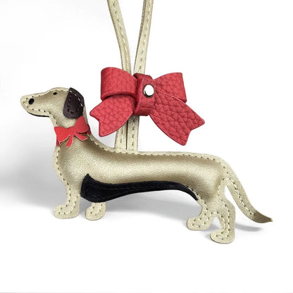 Red Bow-Adorned Dachshund Leather Bag Charm: PU Leather, Slim Shape, Red Bow, Premium Soft Fill