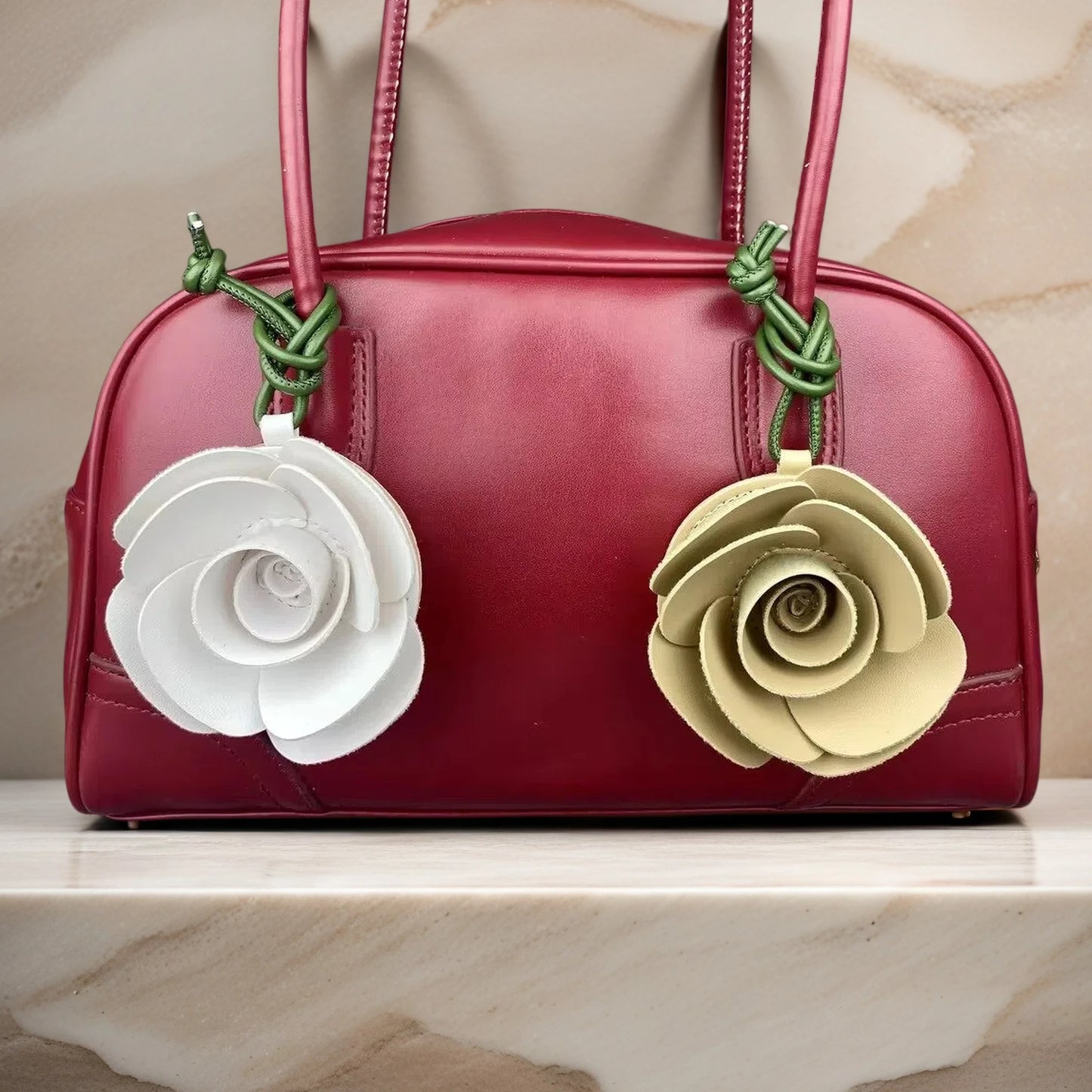 Elegant 3D PU Leather Camellia Flower Bag Charm, Handmade Floral Pendant with Olive Green Leather Strap, Stylish Purse Accessory