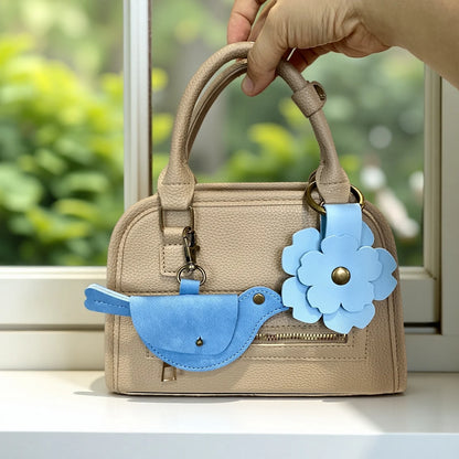 Blue Theme Floral Pu Leather Keychain/Bag Charm-Blue Flower Purse Charm Car Hanging Decor-Unique Calming Aesthetic Gift For Bag