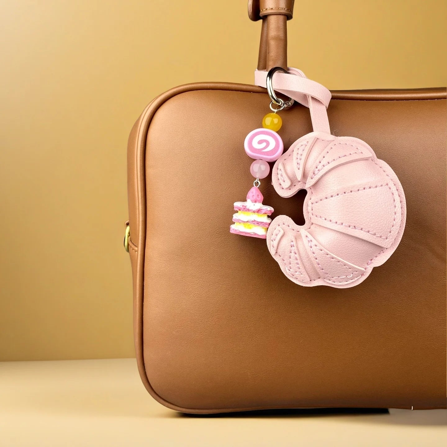 Pink Sweet Dessert Bag Charms-PU Leather Crossiant Donut Ice Cream Bag Car Keychain Home Decor, Sweet Gift for Girls-Y2K
