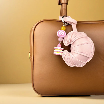 Pink Sweet Dessert Bag Charms-PU Leather Crossiant Donut Ice Cream Bag Car Keychain Home Decor, Sweet Gift for Girls-Y2K
