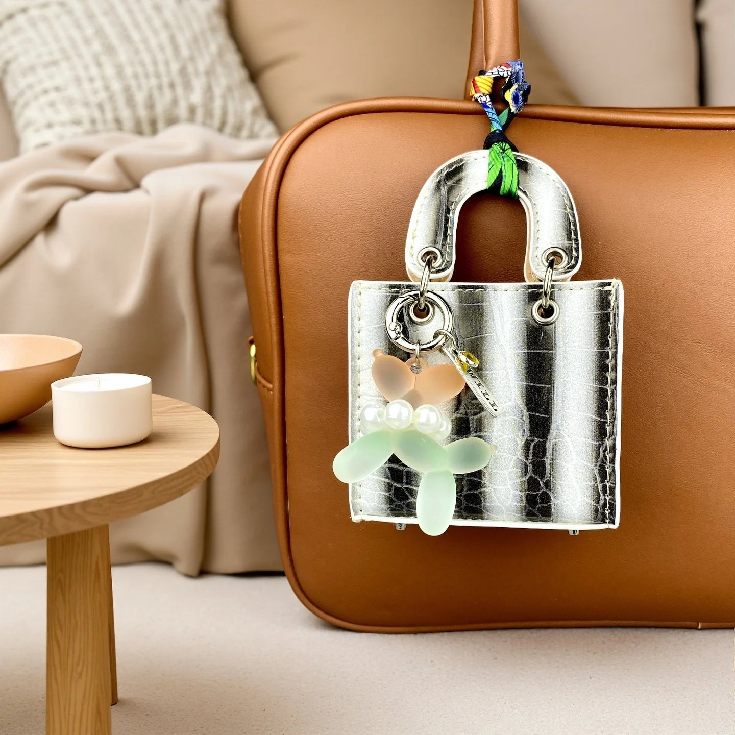 Mini PU Leather Bag Purse Charm, Rainbow Color Mini Bag With Gradient Balloon Dog Keychain Set for Earbuds/Charger Cable/Gift