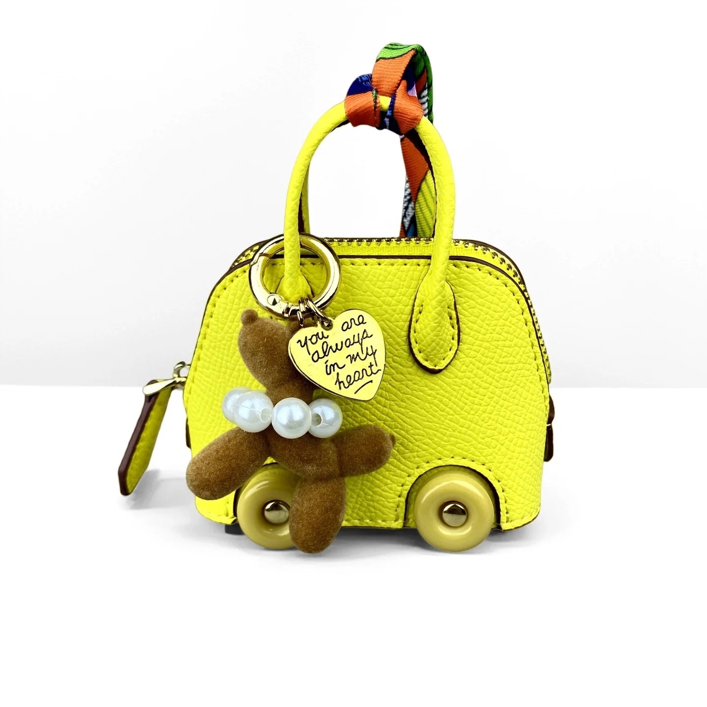 Cute PU Leather Mini Wheel Bag Charm with Flocked Balloon Dog Charm-Small Cute Coin Purse Pouch for Earbuds, Cables & Cash/Gift