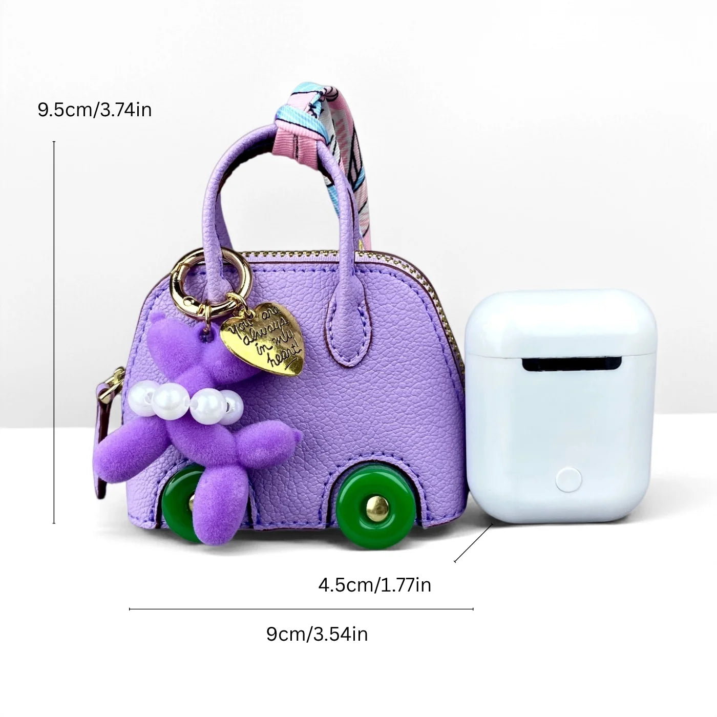 Cute PU Leather Mini Wheel Bag Charm with Flocked Balloon Dog Charm-Small Cute Coin Purse Pouch for Earbuds, Cables & Cash/Gift