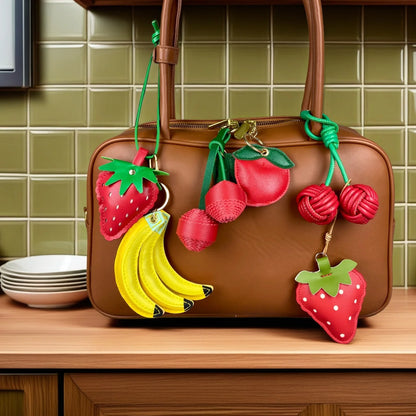 Cute Leather Fruit Charms with Key Rings & Leather Cords for Bag Decoration-PU Leather-Ideal Gift For Women/Kids/Bag Accessory