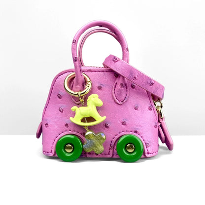 Mini Handbag Purse with Wheels&Rocking Horse-Cute Ostrich Pattern PU Leather Case for AirPods, Coin, Cable, Keychain Bag Charm