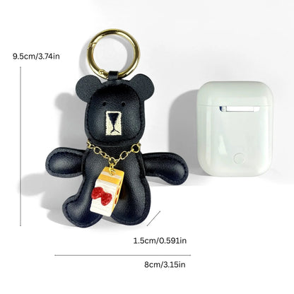 Adorable Lazy PU Leather Bear Keychain with Strawberry Cake Pendant. Cute and Funny Purse Charm- Perfect Relaxing Accessory