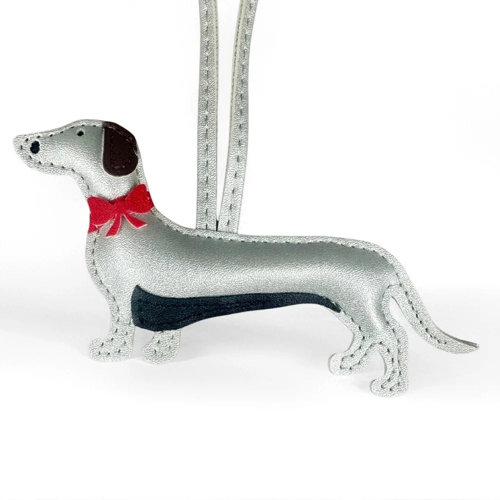 Red Bow-Adorned Dachshund Leather Bag Charm: PU Leather, Slim Shape, Red Bow, Premium Soft Fill