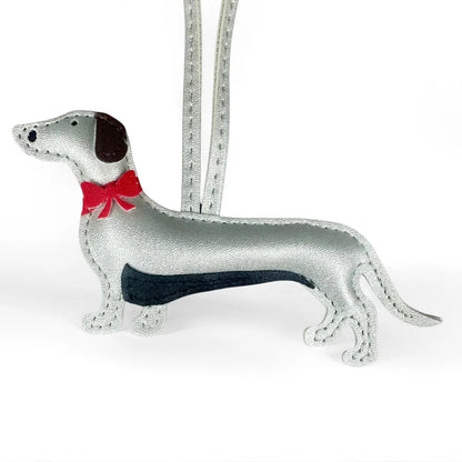 Red Bow-Adorned Dachshund Leather Bag Charm: PU Leather, Slim Shape, Red Bow, Premium Soft Fill