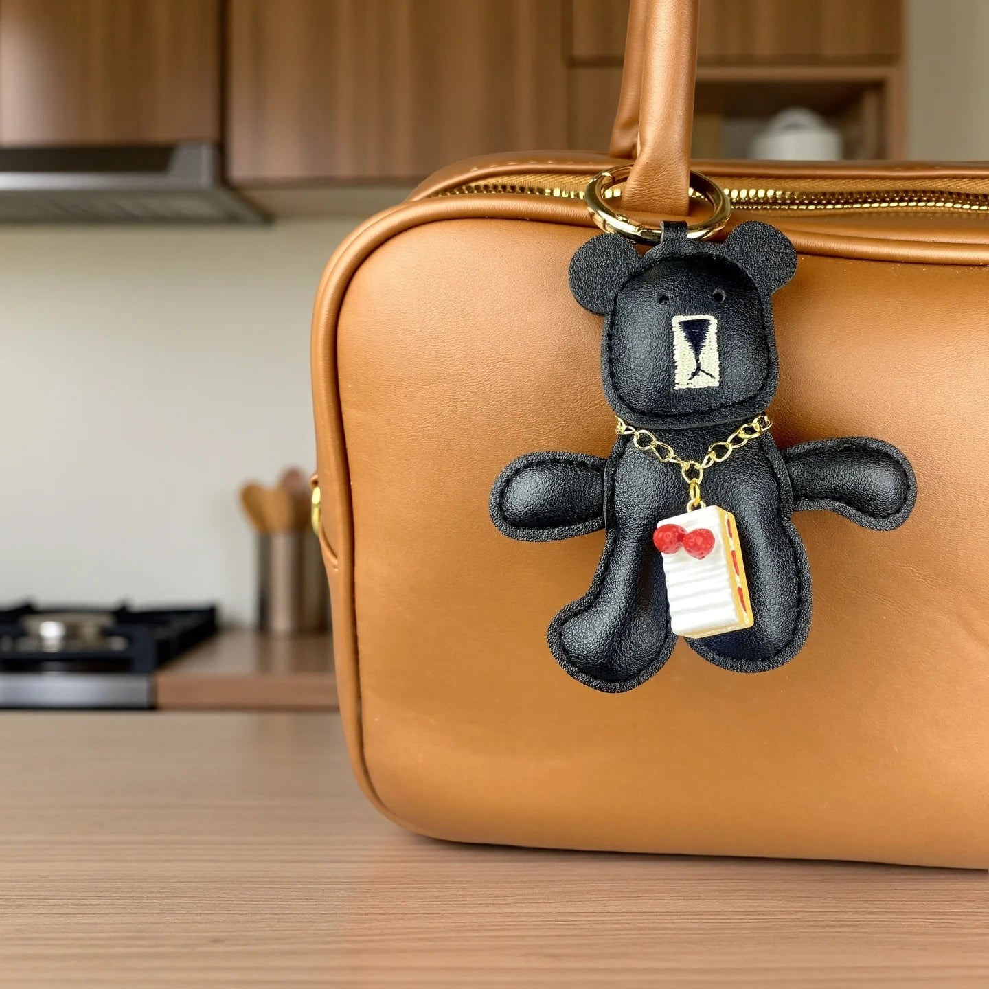 Adorable Lazy PU Leather Bear Keychain with Strawberry Cake Pendant. Cute and Funny Purse Charm- Perfect Relaxing Accessory