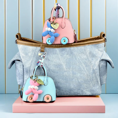 Cute PU Leather Mini Wheel Bag Charm with Flocked Balloon Dog Charm-Small Cute Coin Purse Pouch for Earbuds, Cables & Cash/Gift