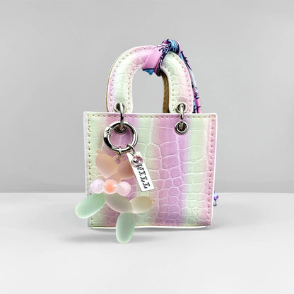 Mini PU Leather Bag Purse Charm, Rainbow Color Mini Bag With Gradient Balloon Dog Keychain Set for Earbuds/Charger Cable/Gift