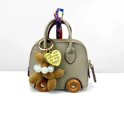 Cute PU Leather Mini Wheel Bag Charm with Flocked Balloon Dog Charm-Small Cute Coin Purse Pouch for Earbuds, Cables & Cash/Gift