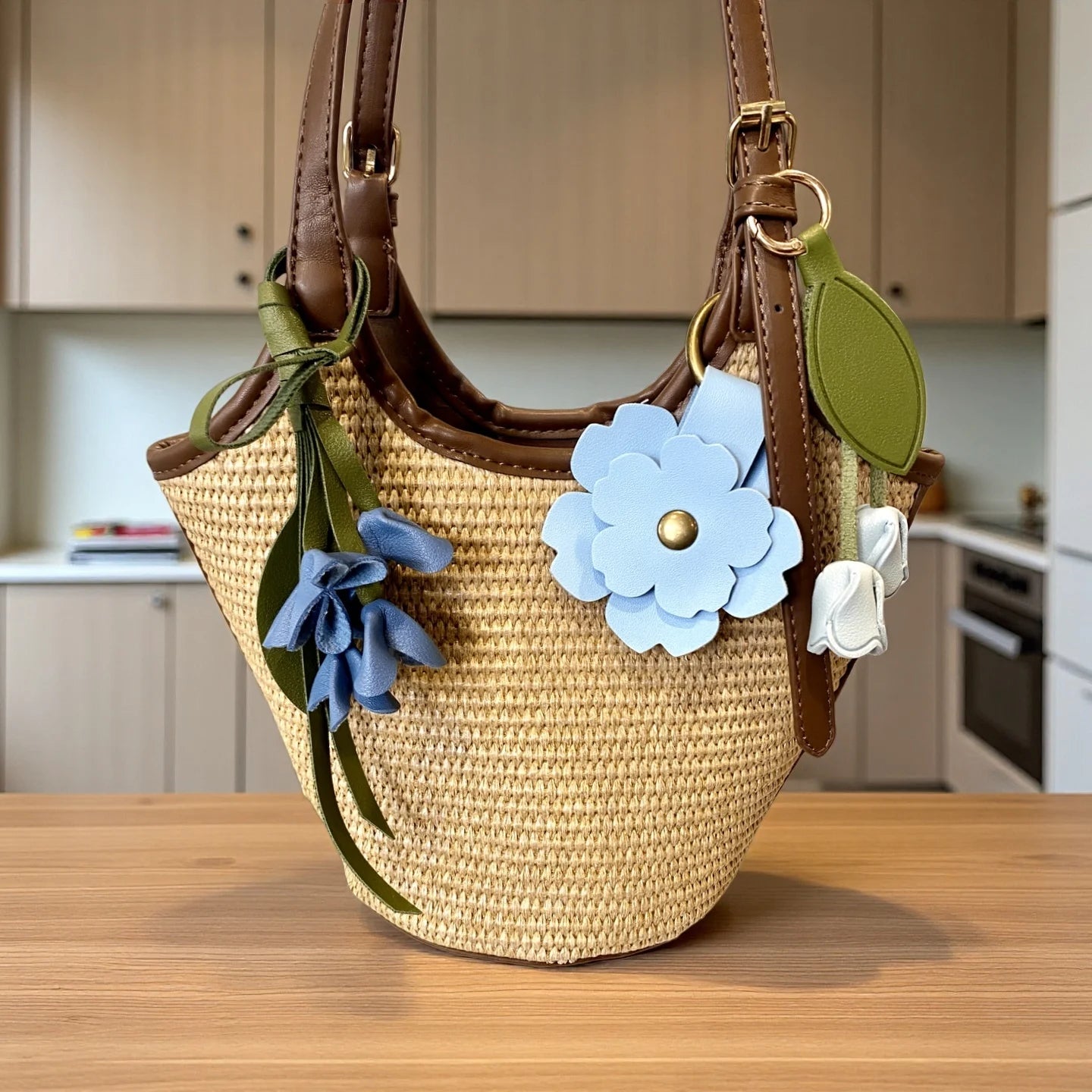 Blue Theme Floral Pu Leather Keychain/Bag Charm-Blue Flower Purse Charm Car Hanging Decor-Unique Calming Aesthetic Gift For Bag