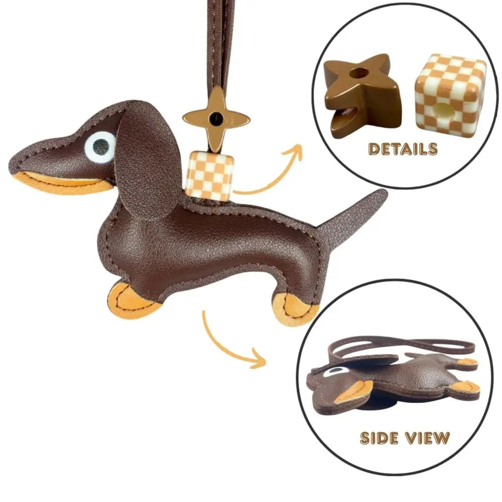 12-Color Dachshund Leather Keychain-Adjustable Leather Cord with Beads-PU Leather-Ideal Bag Accessory-Perfect Gift