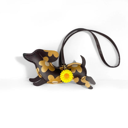 PU Leather Running Dachshund Keychain, Puppy Bag Charm With Daisy Flower-Accessories For Purse & Backpack, Gift for Dog Lovers