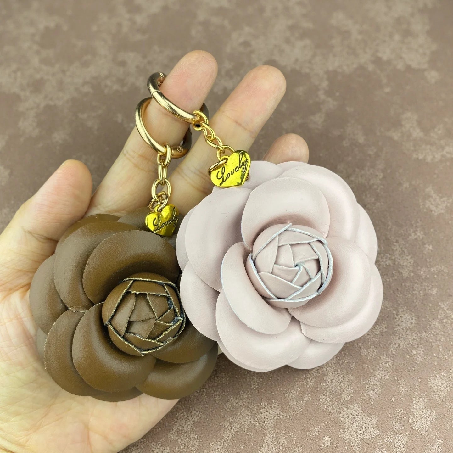 Elegant PU Leather Camellia Keychain, Timeless Neutral Tone Bag Clip Charm, 3D Floral Pendant for Handbag, Gift For Women