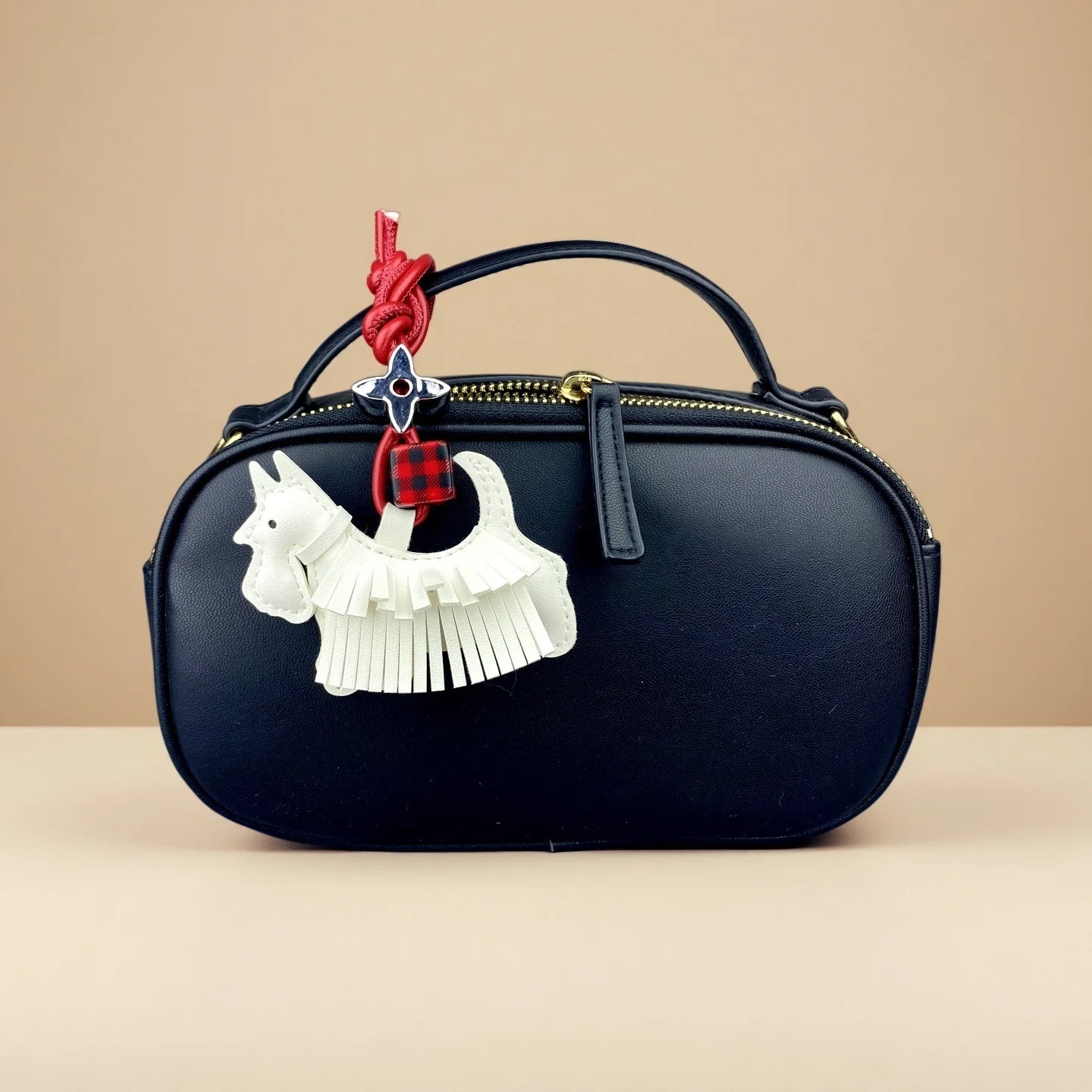 Trendy PU Leather Schnauzer Bag Charm with Tassel Fringe & Plaid Beads –Unique Car/Bag Accessory/Cute Ornament for Dog Lovers