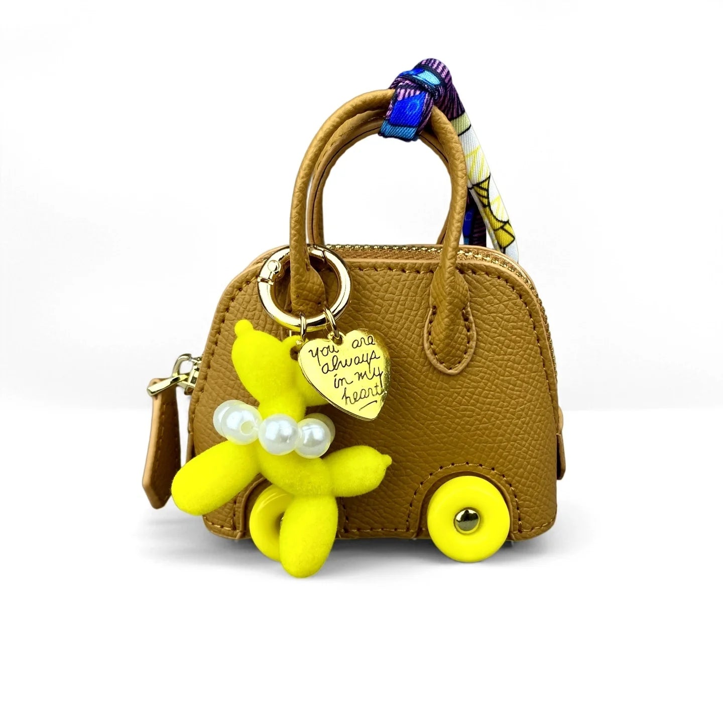 Cute PU Leather Mini Wheel Bag Charm with Flocked Balloon Dog Charm-Small Cute Coin Purse Pouch for Earbuds, Cables & Cash/Gift